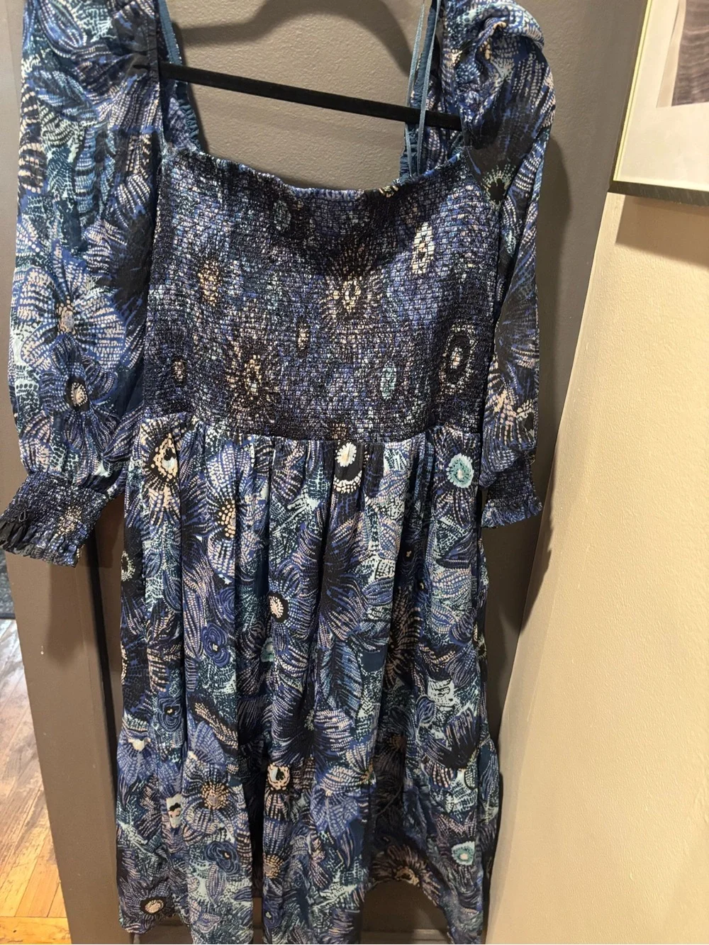 Vince Blue Floral Smocked Bodice Dress